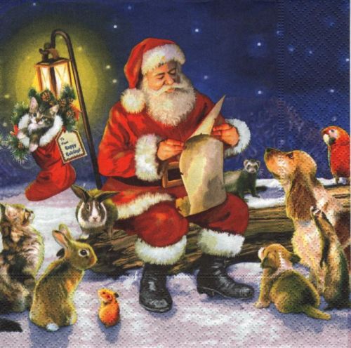 Santa bei den Tieren Katze Hund HAse