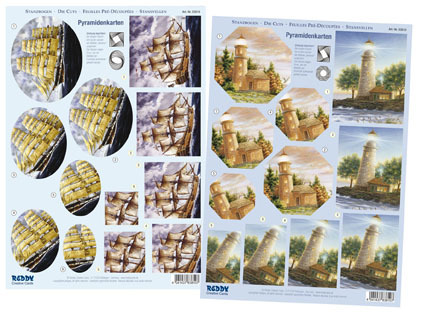 3D Bogen Stanzbogen Pyramidenkarten Segelboot und Leuhtturm 2 Bögen