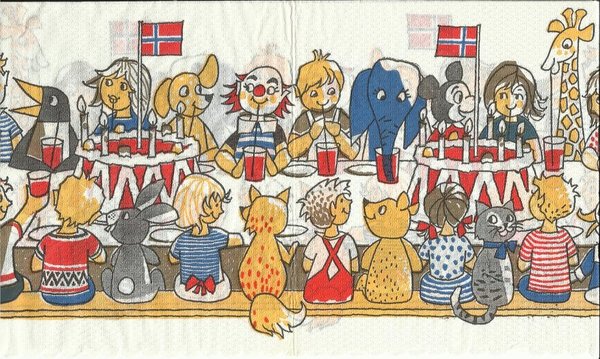 Kinder , Mickey , Donald und Tiere  am Partytisch