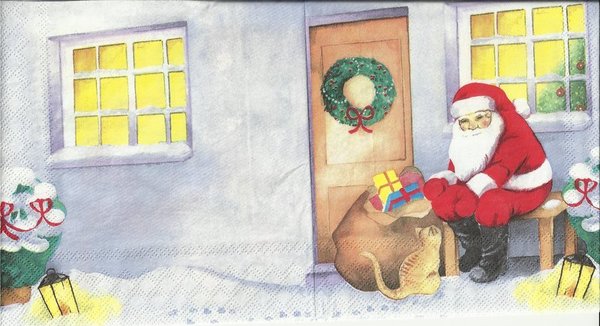 Santa mit KAtze vor Haus