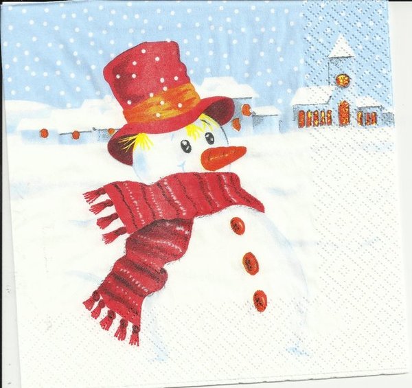 Schneemann mit rotem Schal und Mütze