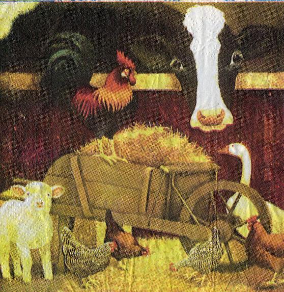 Kuh , Schaf und Hahn im Stall