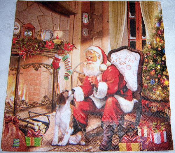 Santa und Hund am KAmin