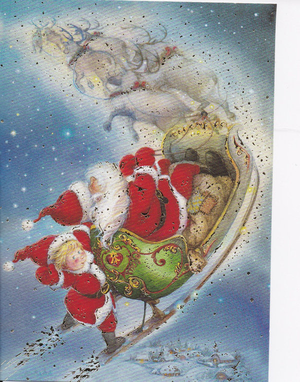 Lisi Martin  Weihnachtspostkarte Weihnachtsmann mit Mädchen und Schlitten