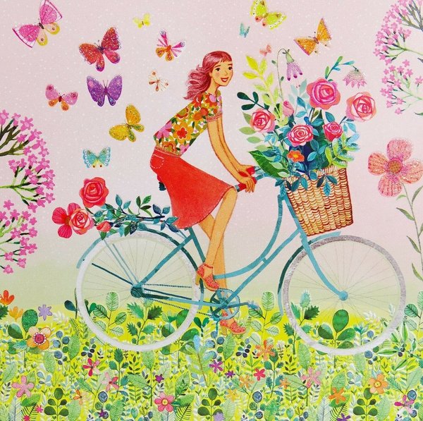 Postkarte "Frau auf Fahrrad"  Glitzer