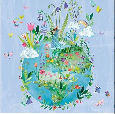 Postkarte "Erdkugel mit Blumen "  Glitzer