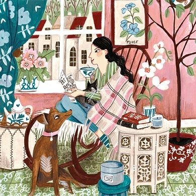 Postkarte "Lesende Frau mit Hund"  Glitzer