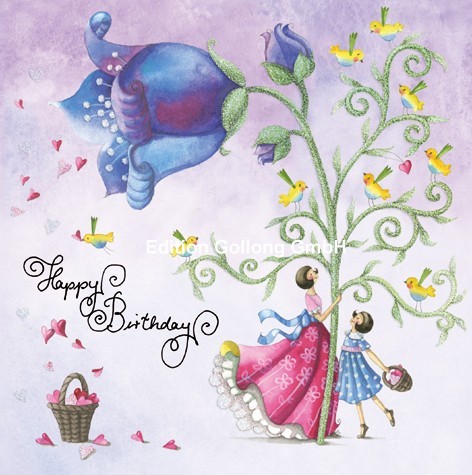 Postkarte "Happy Birthday (Figuren und Glockenblume)"  Glitzer