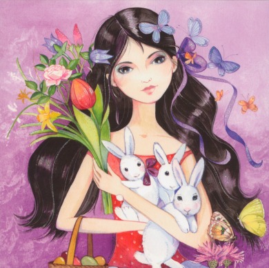 Postkarte Künstler-Postkarte Mädchen mit Hasen und Blumenstrauß