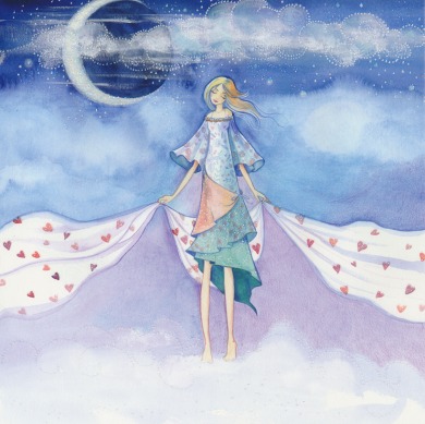 Postkarte Künstler-Postkarte Frau schwebt über den Wolken im Nachthimmel