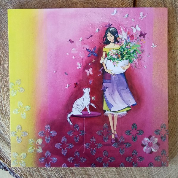 Postkarte Künstler-Postkarte Frau mit Katze und Schmetterling