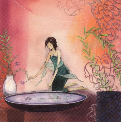 Postkarte Künstler-Postkarte Frau legt Blumen in Schale